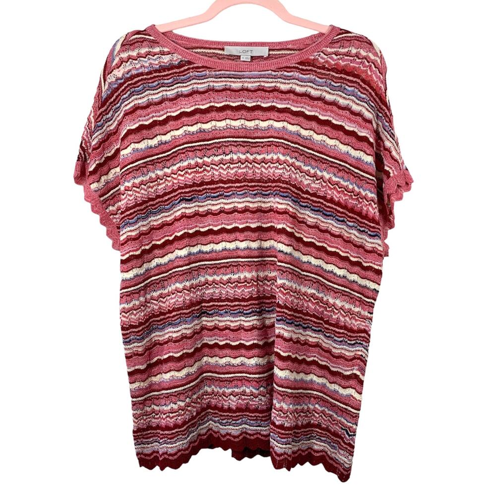 LOFT Red Crochet Knit Striped Short Sleeve Blouse Medium